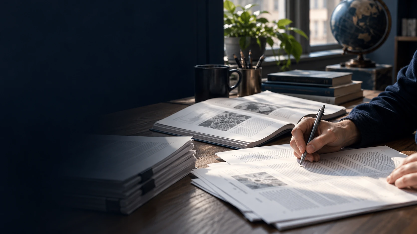 An editor reviewing journal proofs at a simple, carefully arranged desk.