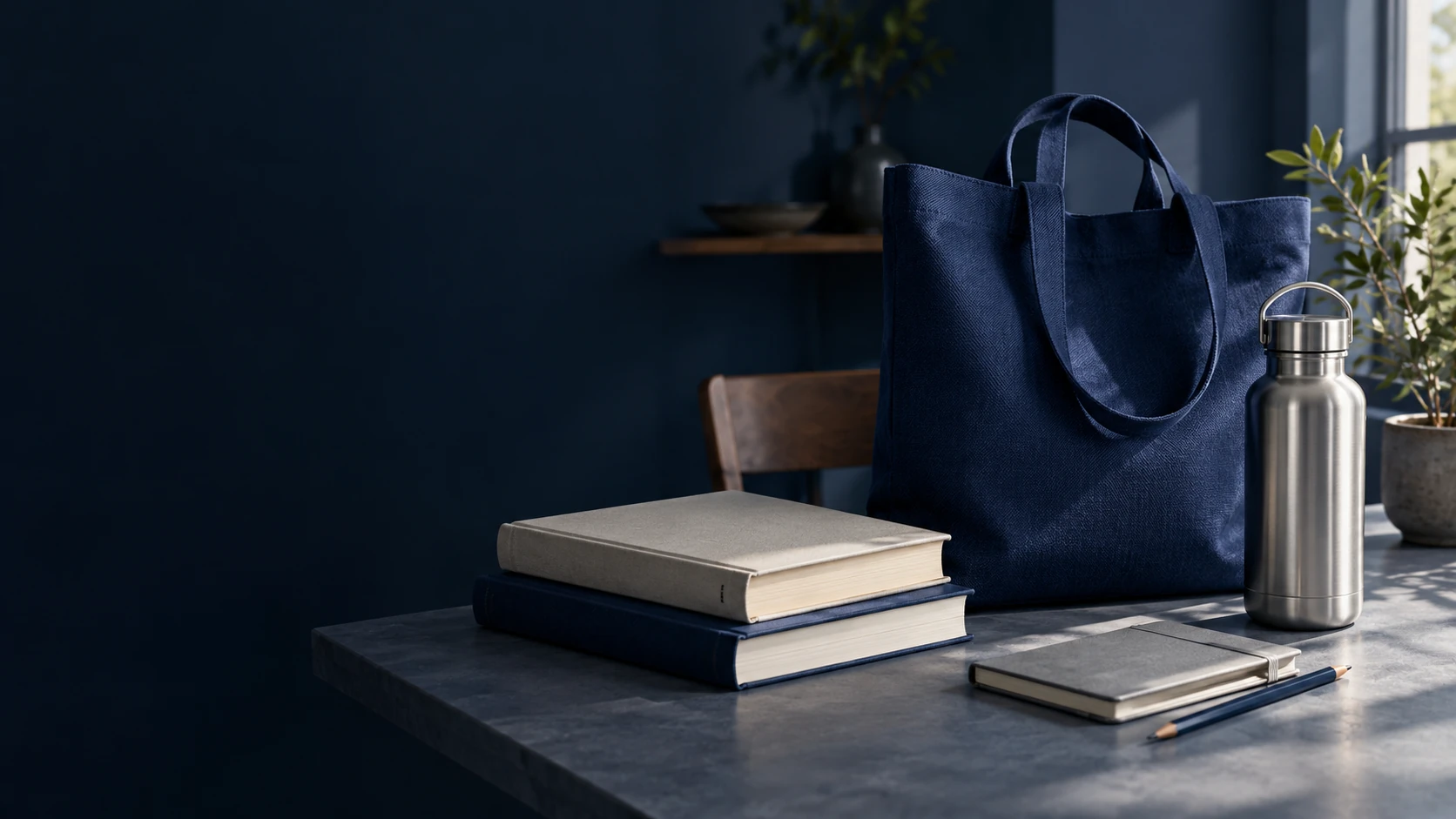 A considered collection of books, a notebook, a tote bag and a reusable bottle.