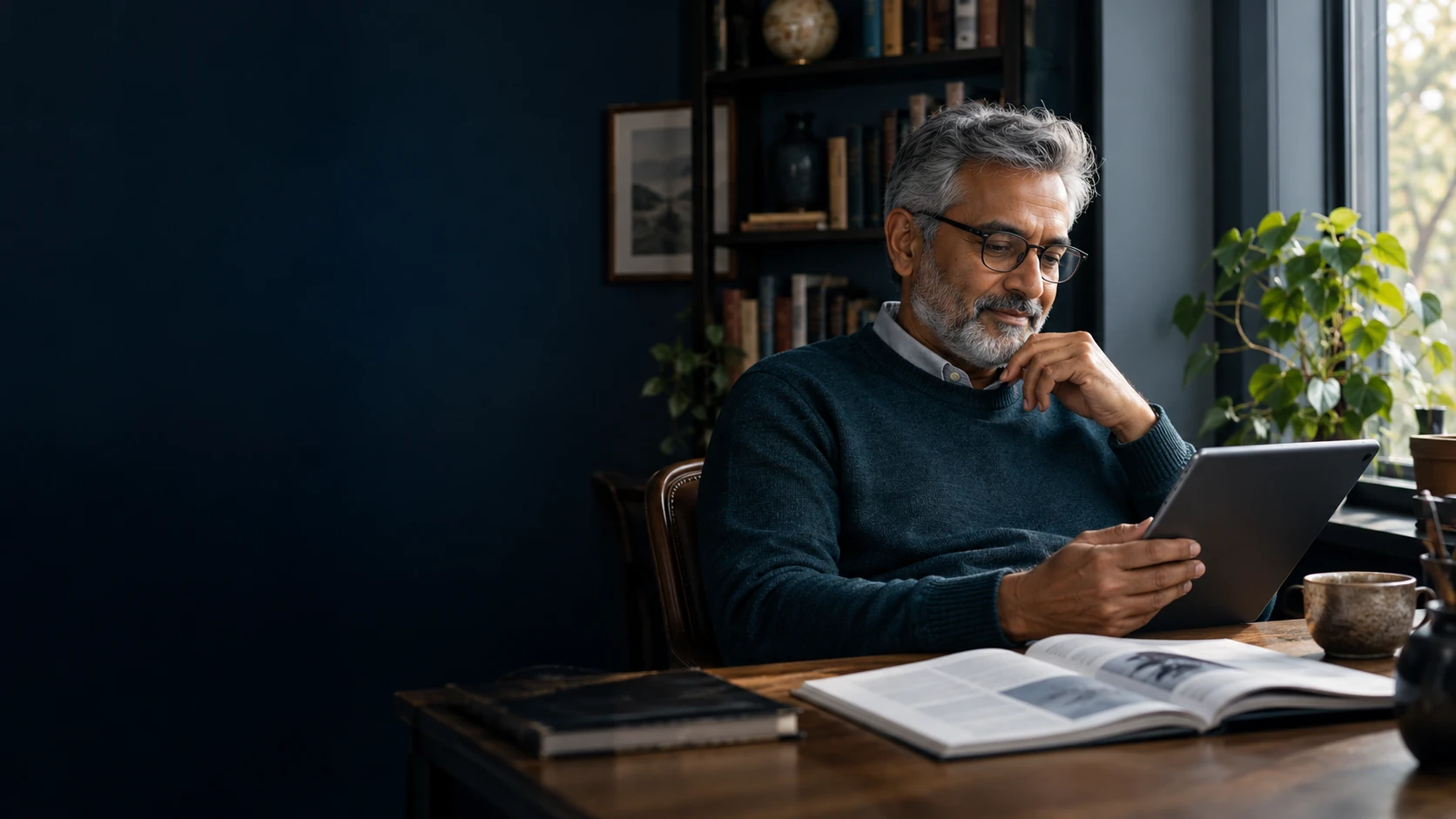 A professional reading a digital journal in a quiet study.