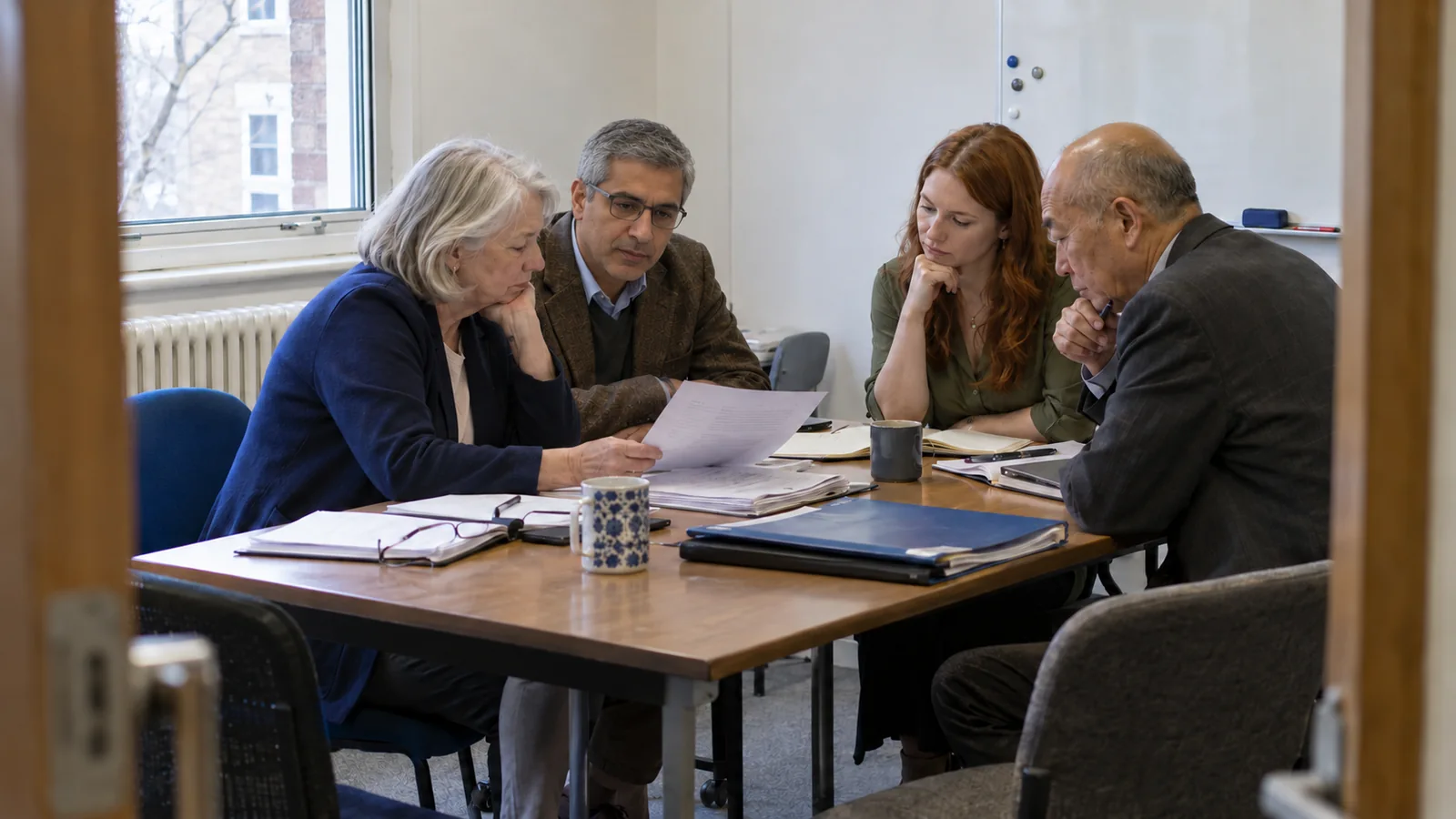 Four colleagues reviewing a document in a modest meeting room