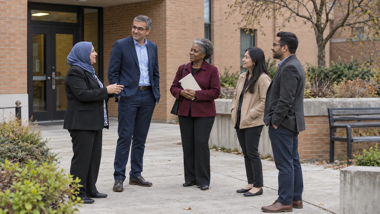 Five professionals in conversation outside a brick civic building