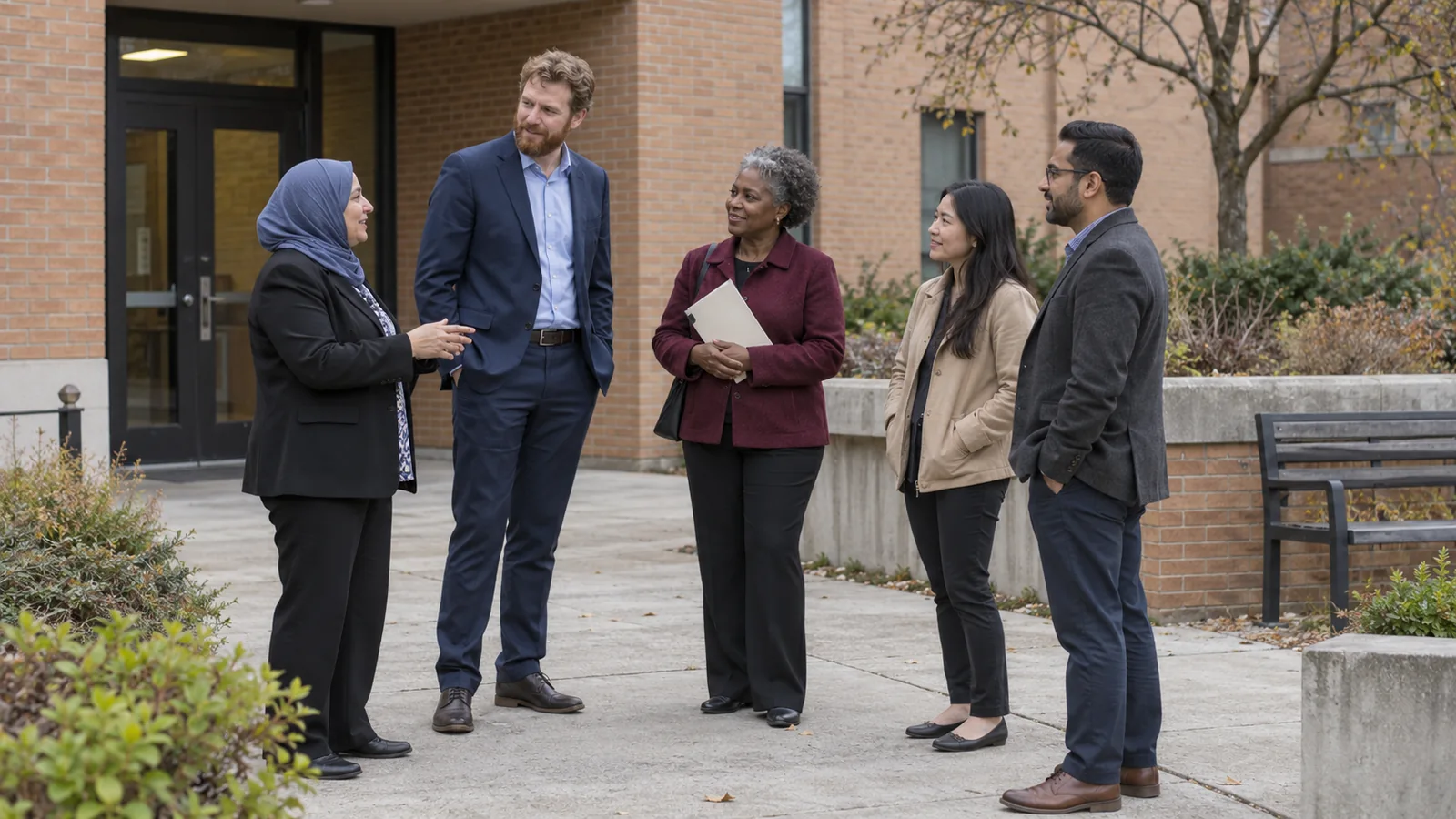 Five professionals exchanging ideas in a simple brick courtyard